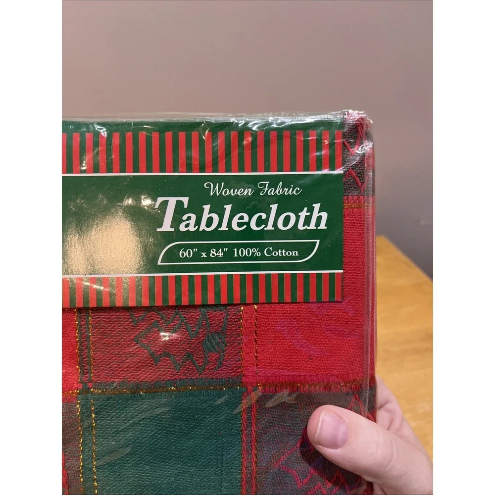 Vtg Red Green Christmas Tree Woven Fabric‎ Tablecloth Gold Accents Plaid 60x84